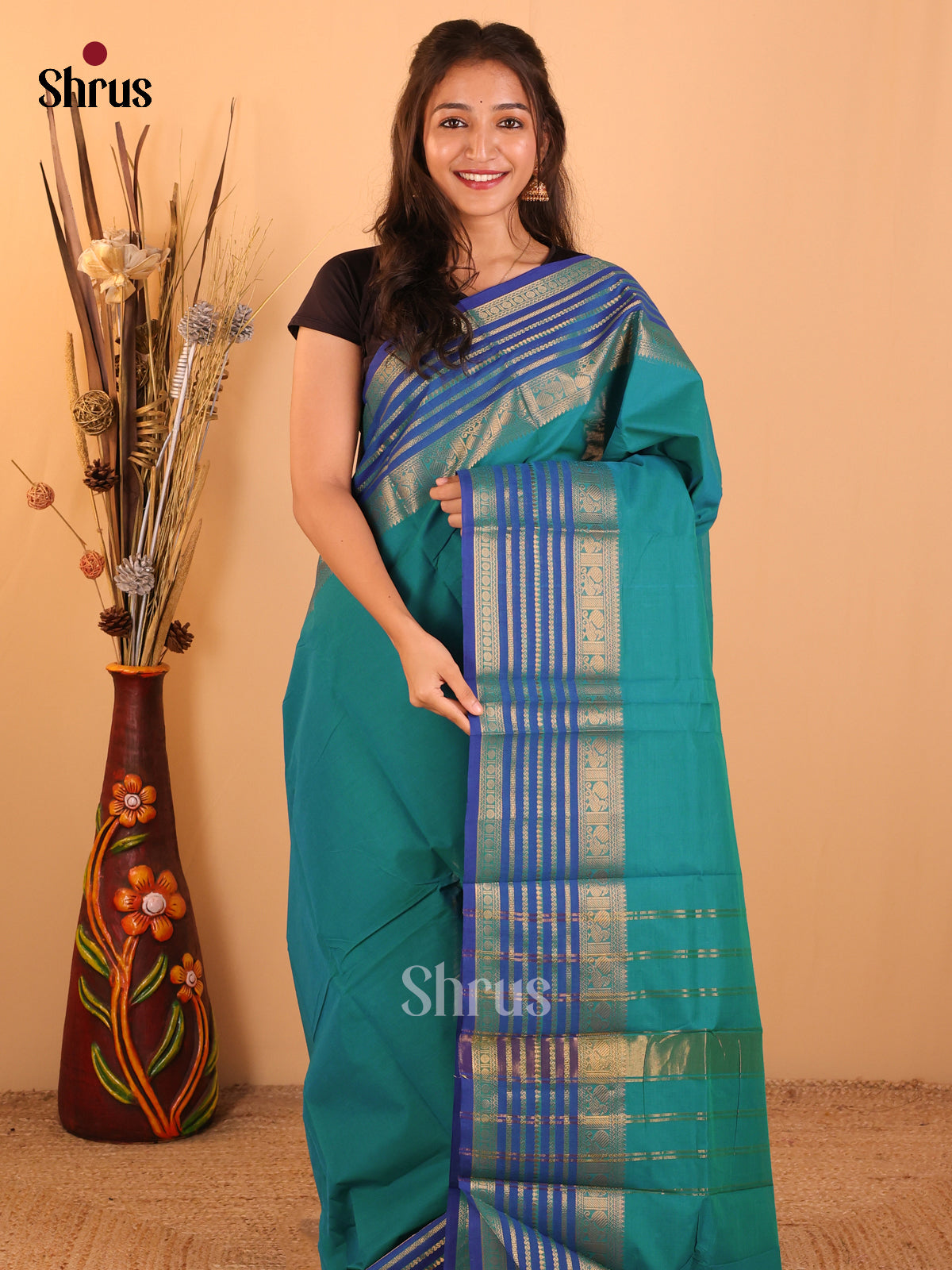 Rama blue with Royal blue-Chettinad saree -DDS02100 - Shop on Shrus.com