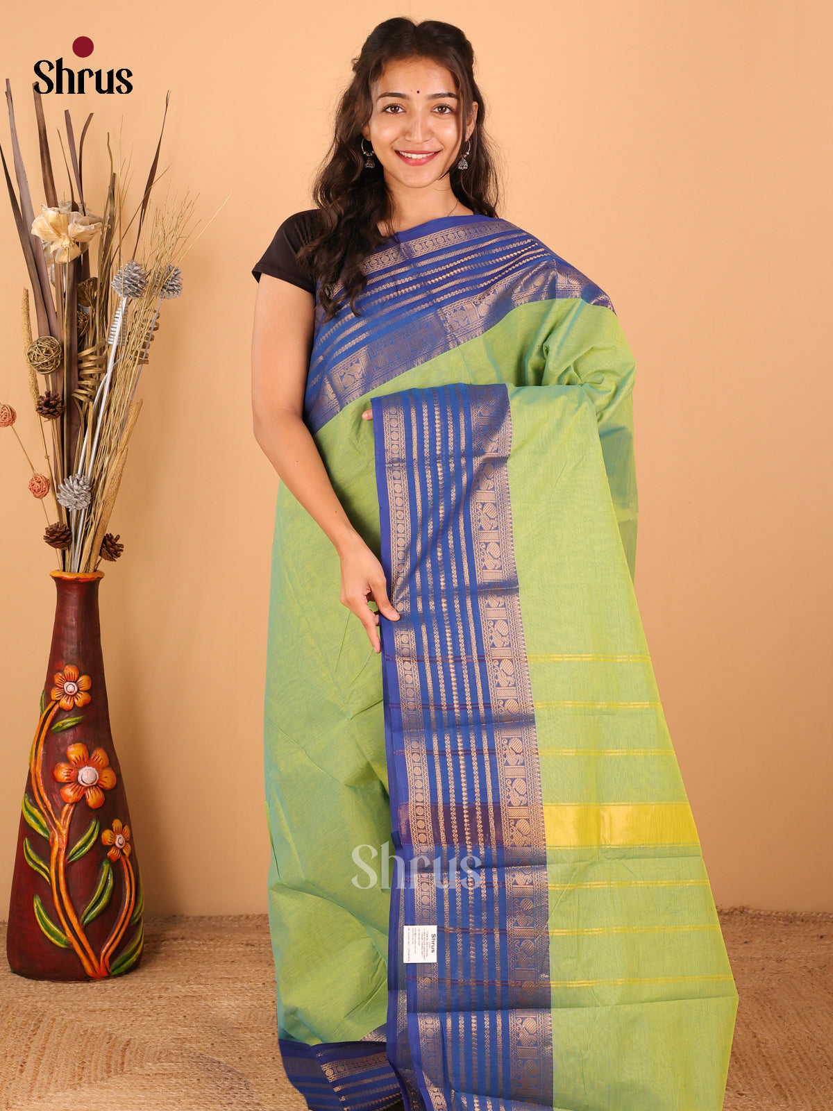 Parrot green with blue - Chettinad saree -DDS02101 - Shop on Shrus.com
