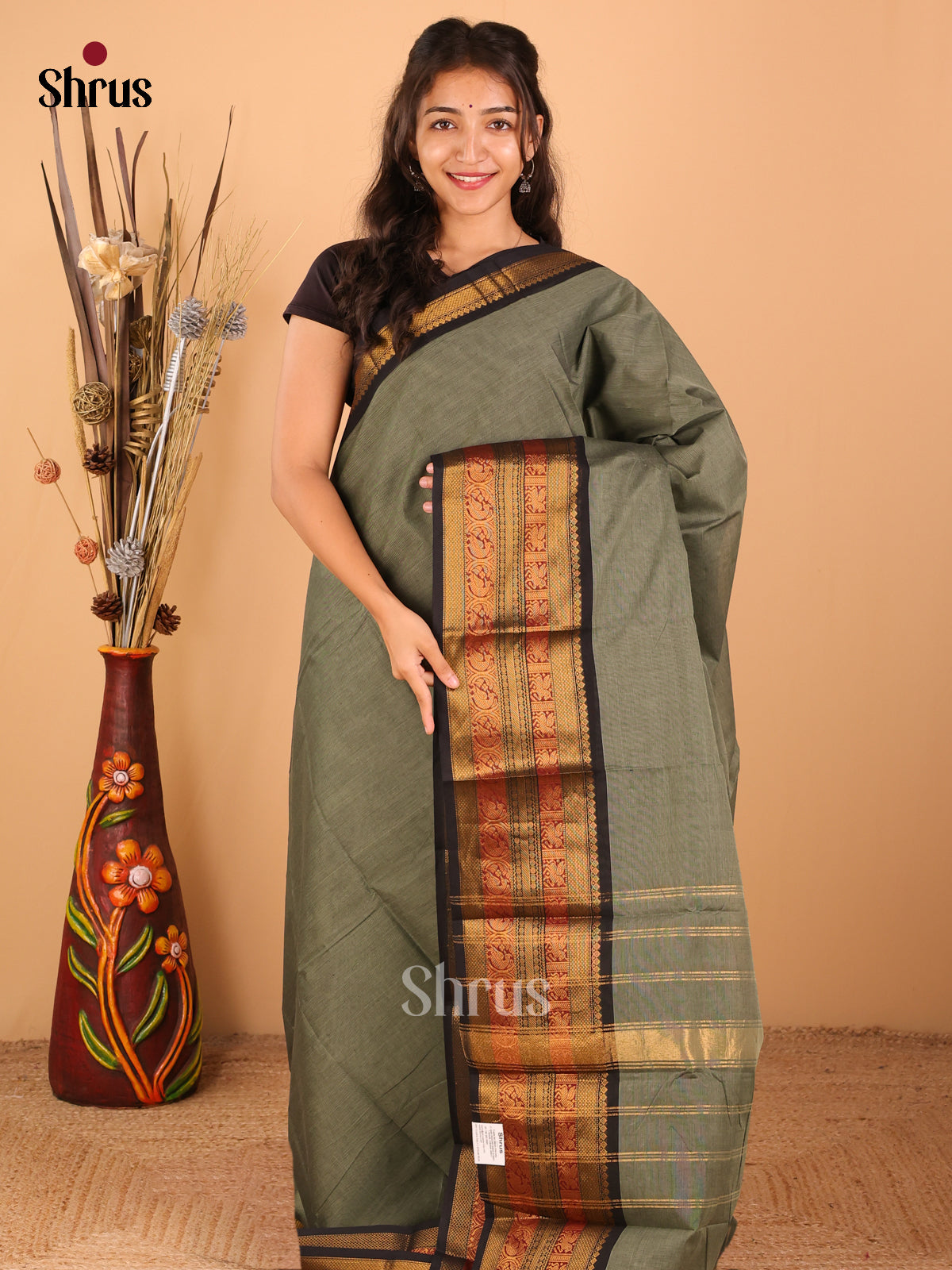 Light olive green with black - Chettinad saree -DDS02111 - Shop on Shrus.com