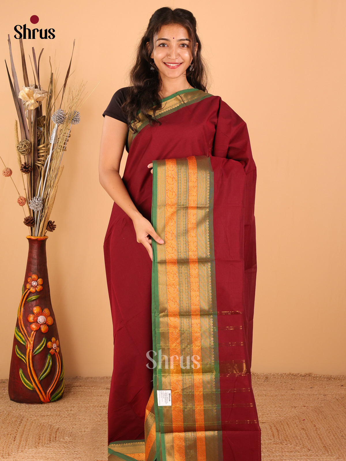 Maroon with Green - Chettinad saree -DDS02115 - Shop on Shrus.com