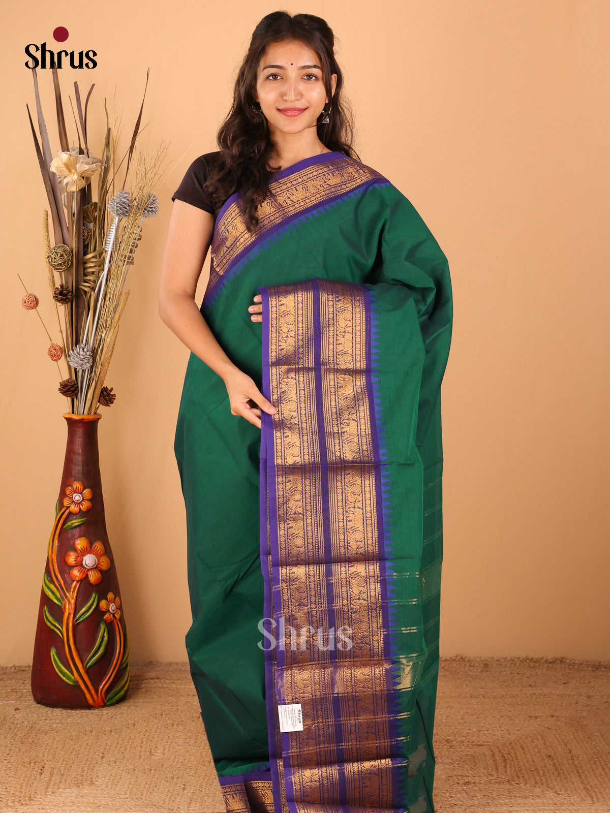 Bottle green with Royal Blue - Chettinad saree -DDS02131 - Shop on Shrus.com