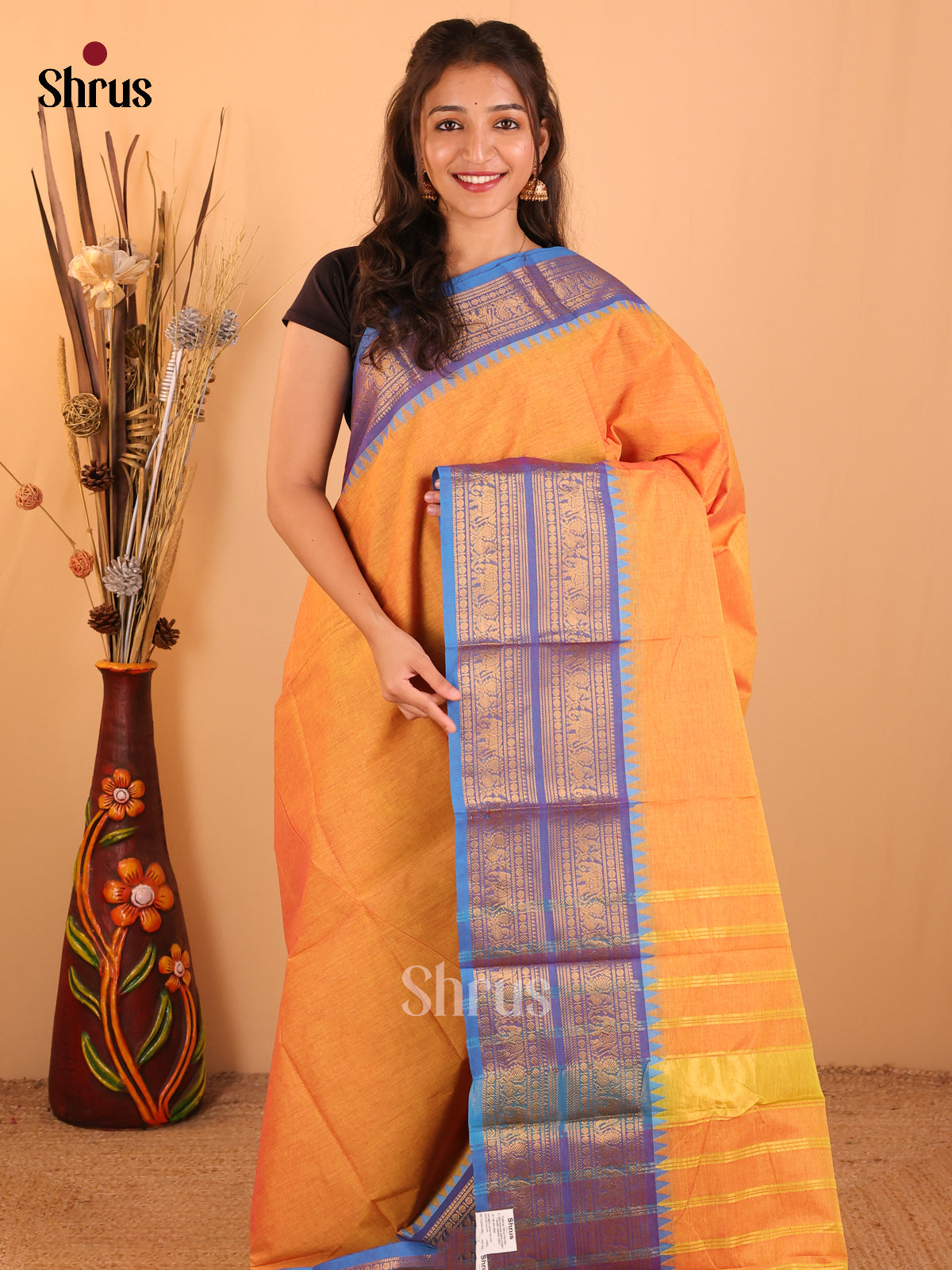 Yellow with Blue-Chettinad saree -DDS02132 - Shop on Shrus.com
