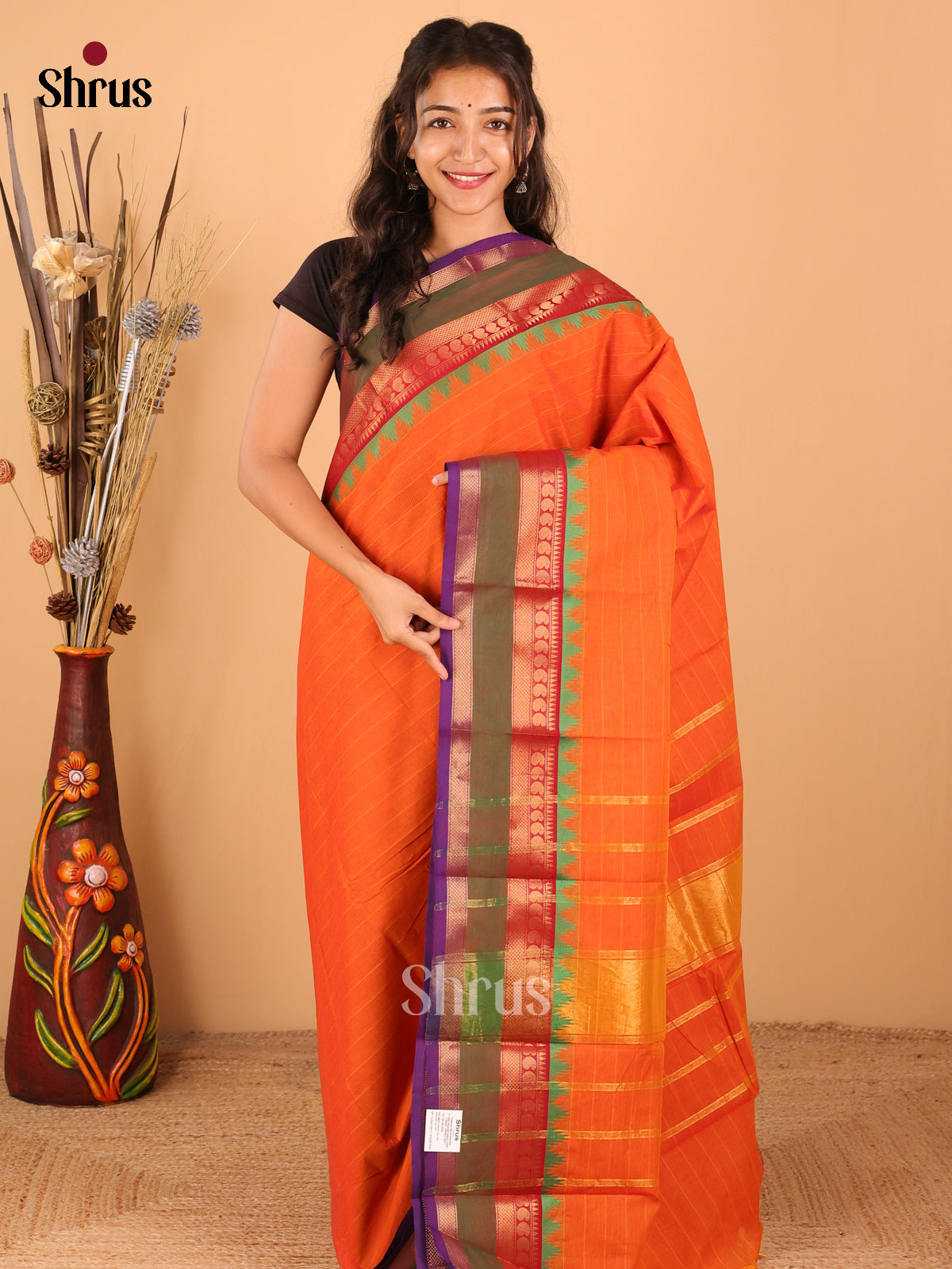 Orange with Violet - Chettinad saree -DDS02144 - Shop on Shrus.com
