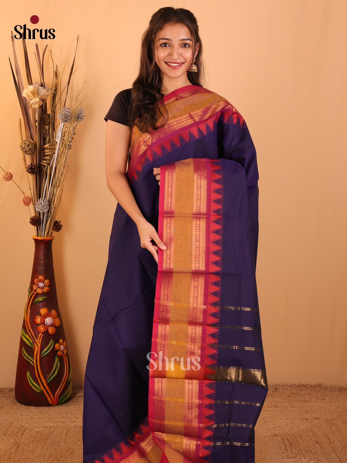 Navy Blue with pink-Chettinad saree -DDS02151 - Shop on Shrus.com