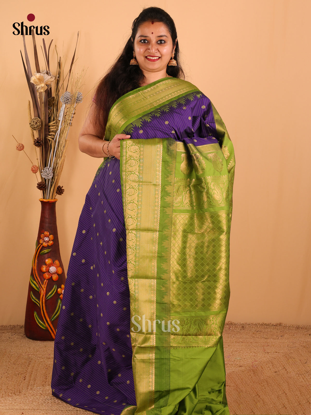Violet with Mehandi Green-Gadwal Half pure Saree  - DDS04030 - Shop on Shrus.com