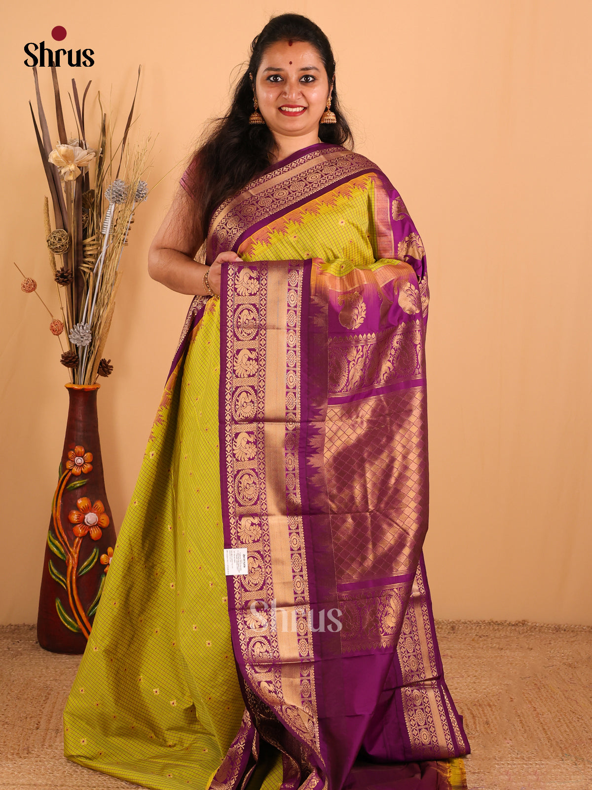 Lime Green with Purple-Gadwal Half pure Saree  - DDS04060 - Shop on Shrus.com