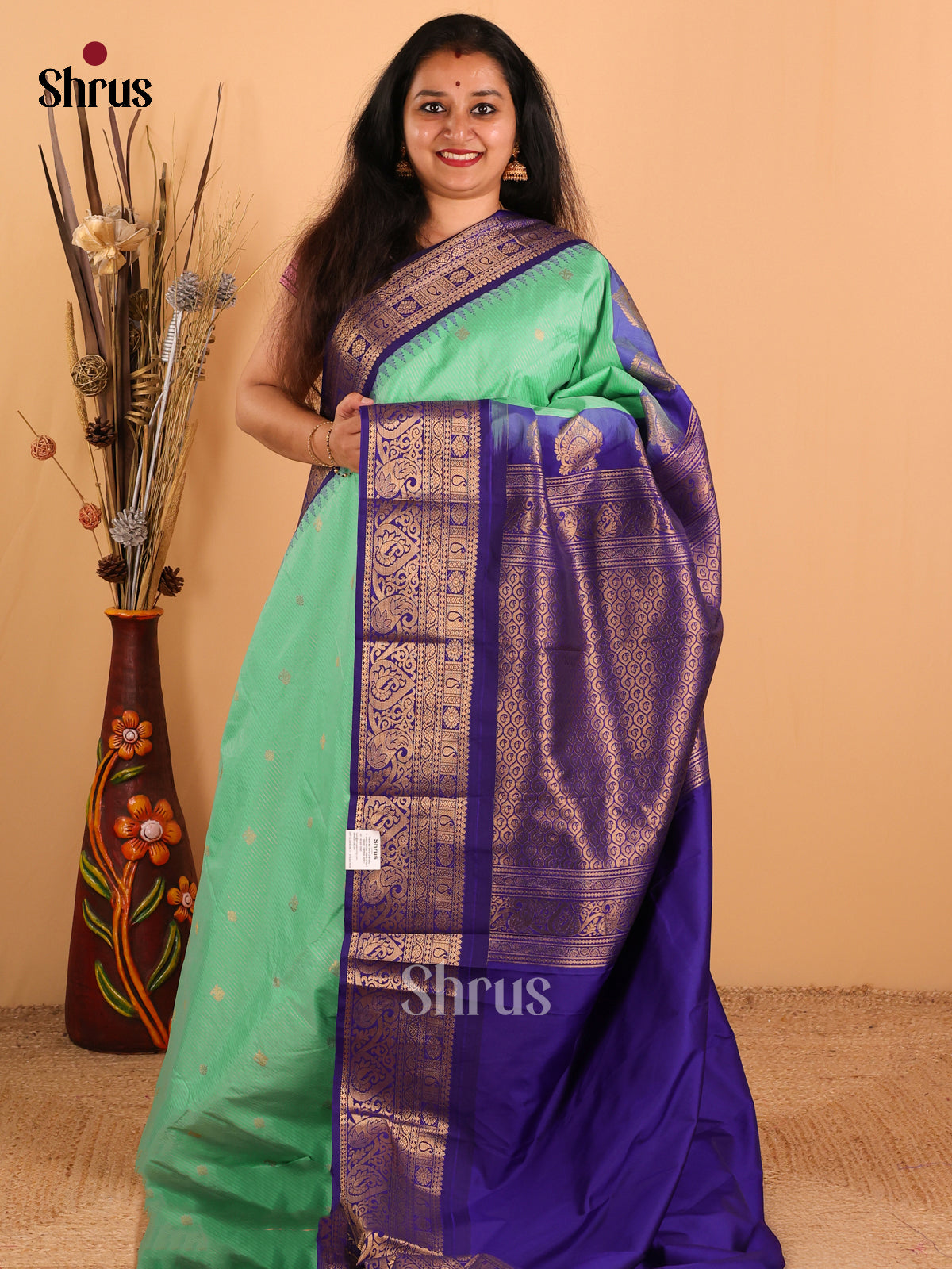 Pastel Green with Royal Blue-Gadwal Half pure Saree  - DDS04070 - Shop on Shrus.com