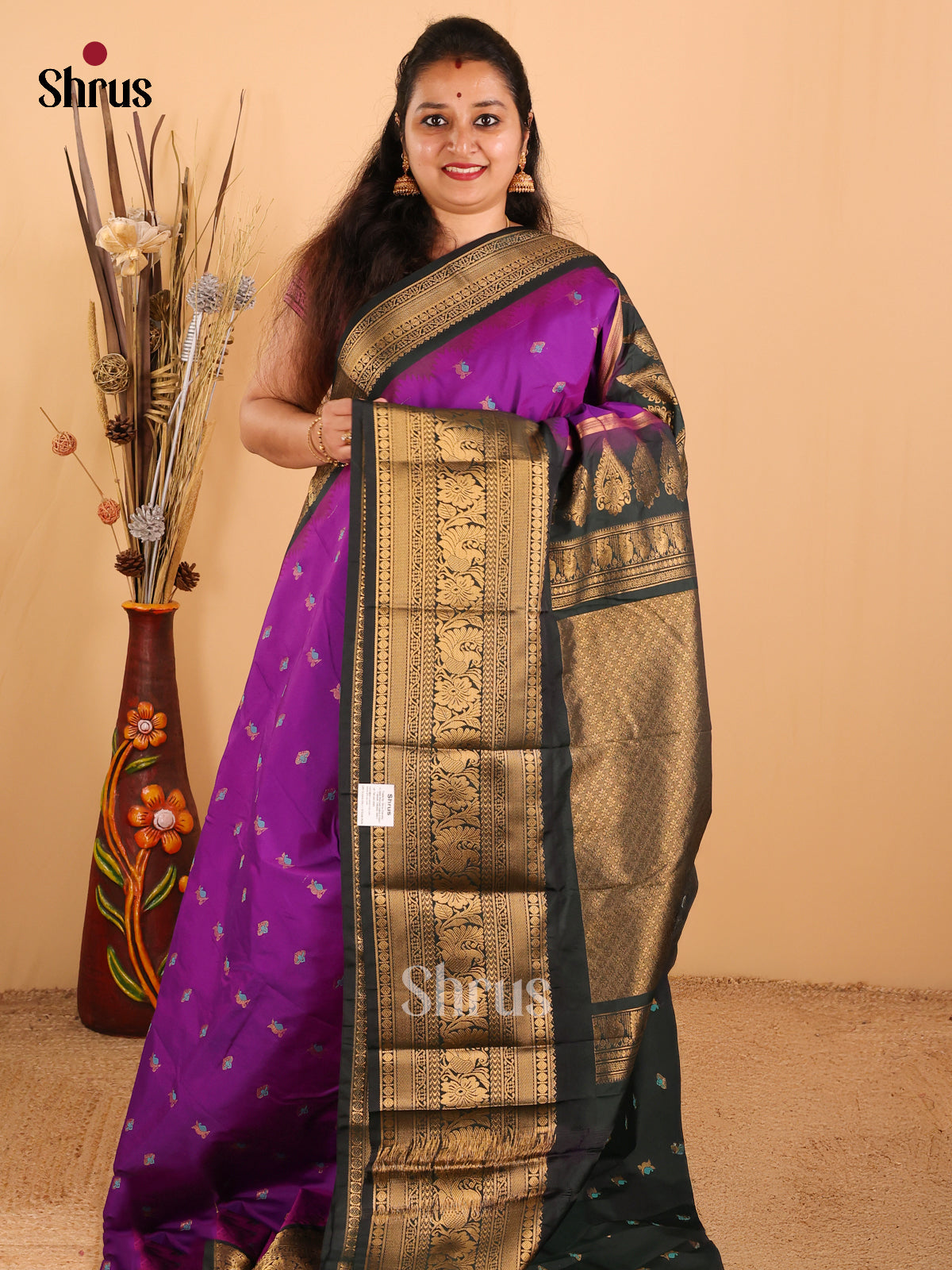 Purple with Black-Gadwal Half pure Saree  - DDS04081 - Shop on Shrus.com
