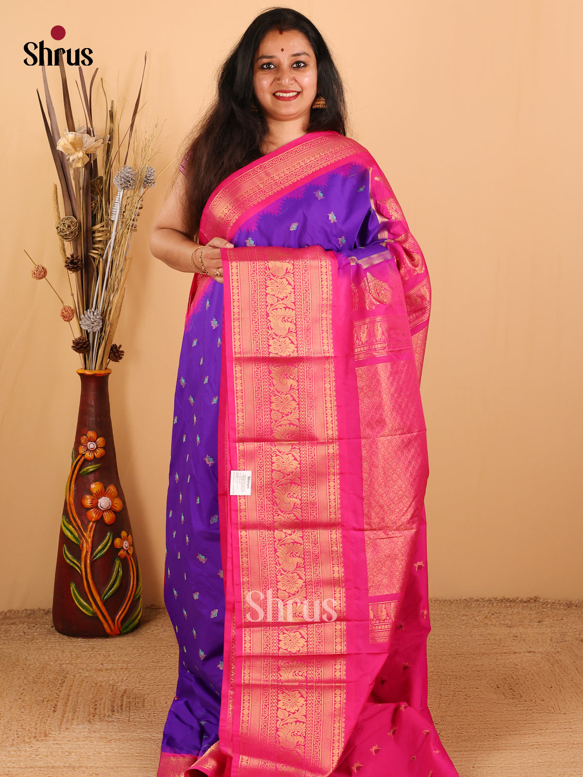 Violet with Pink-Gadwal Half pure Saree  - DDS04083 - Shop on Shrus.com