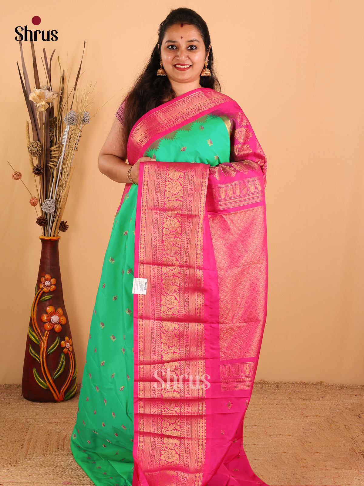 Green with pink-Gadwal Half pure Saree  - DDS04085 - Shop on Shrus.com