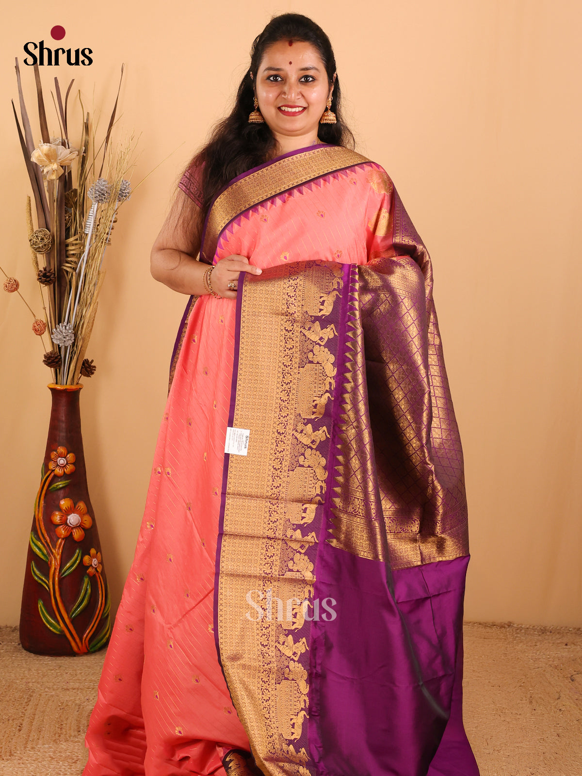 peach pink with Purple-Gadwal Half pure Saree  - DDS04099 - Shop on Shrus.com