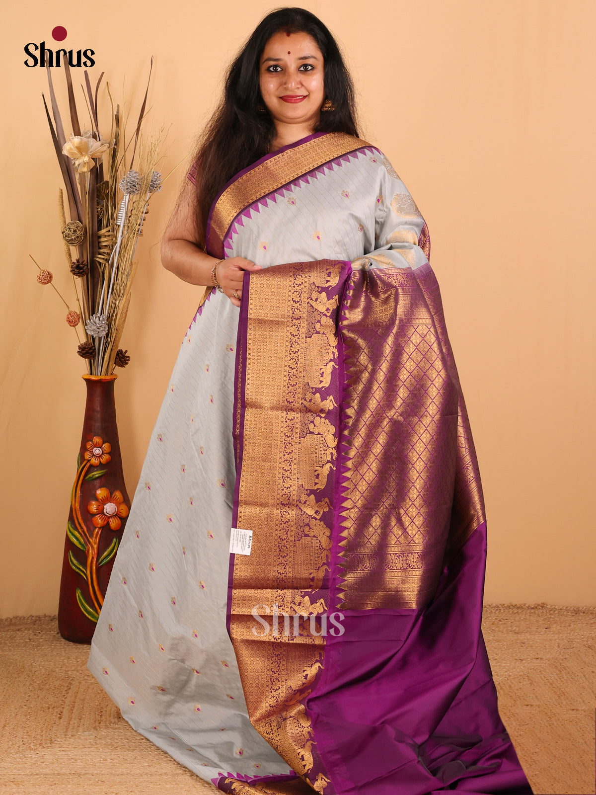 Grey with Purple-Gadwal Half pure Saree  - DDS04102 - Shop on Shrus.com