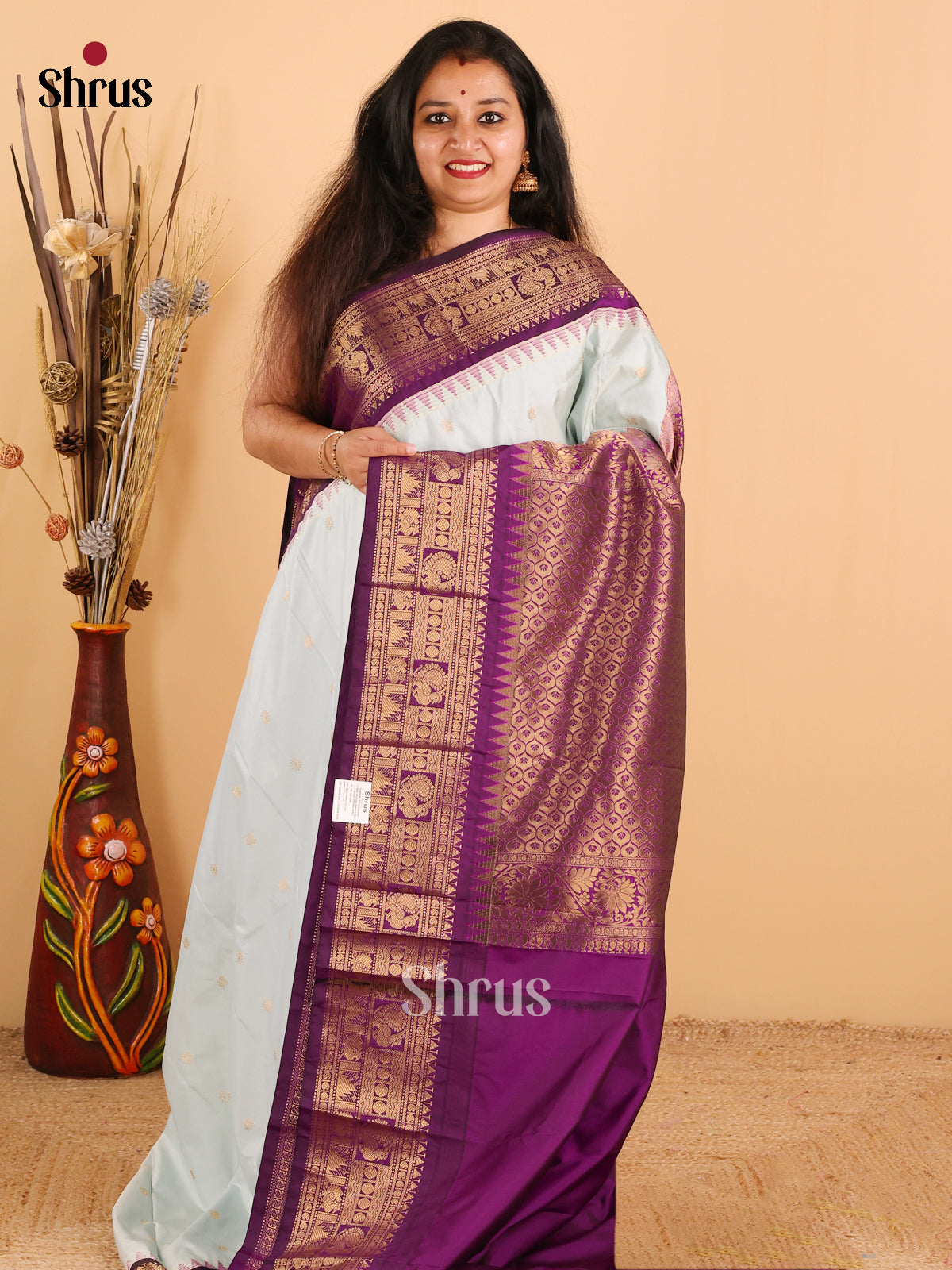 Grey with Purple-Gadwal Half pure Saree  - DDS04107 - Shop on Shrus.com