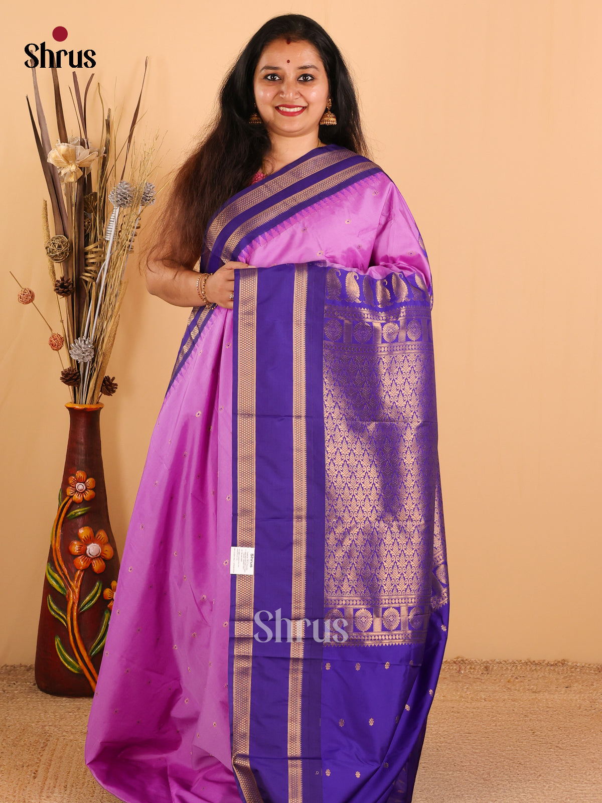 Lavender with Royal Blue-Gadwal Half pure Saree  - DDS04108 - Shop on Shrus.com