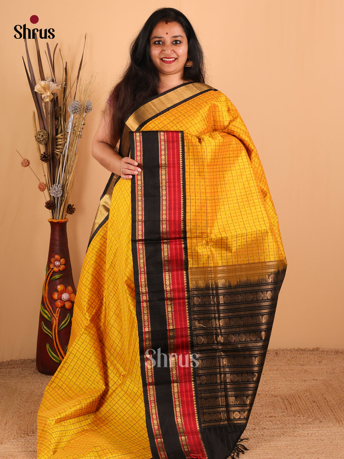 Exquisite Yellow And Black Silk Cotton Saree With Thread Woven Checks and Buttas Across The Body And Zari Woven Rettaipet Border - Shop on Shrus.com