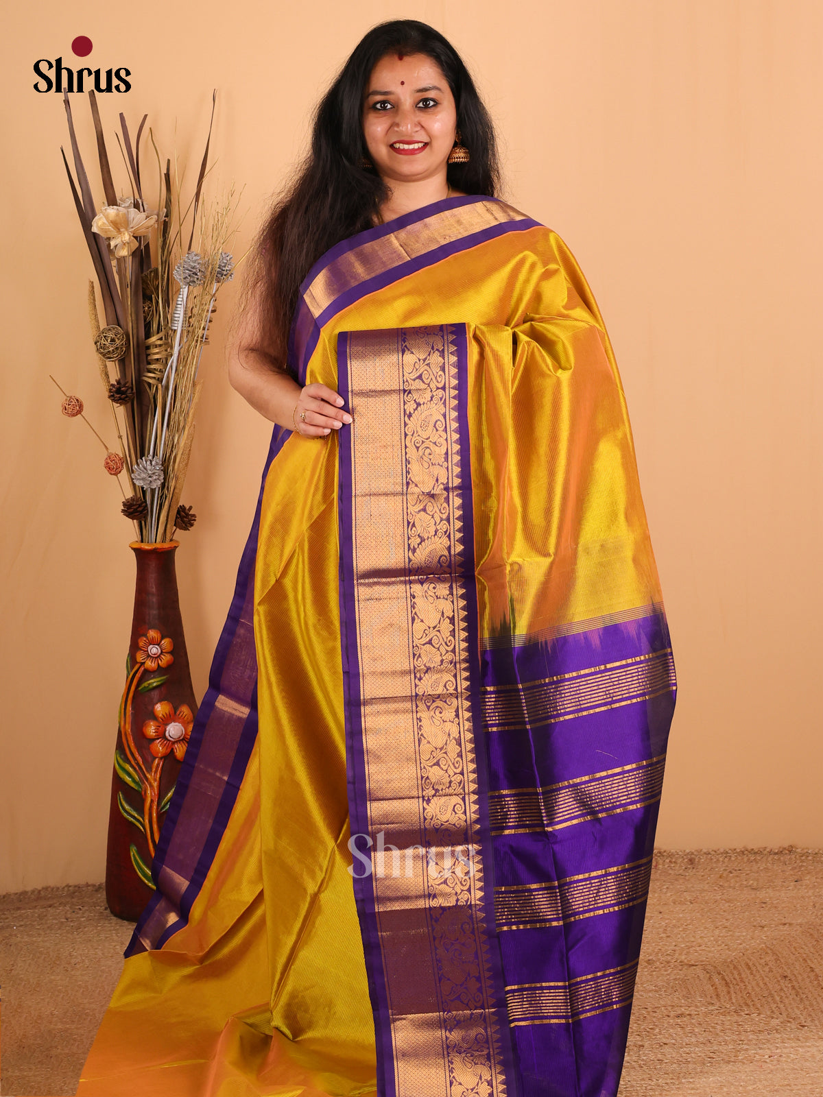 Dual Tone Golden with peach / Royal Blue-Silk Cotton Saree - DDS05024 - Shop on Shrus.com