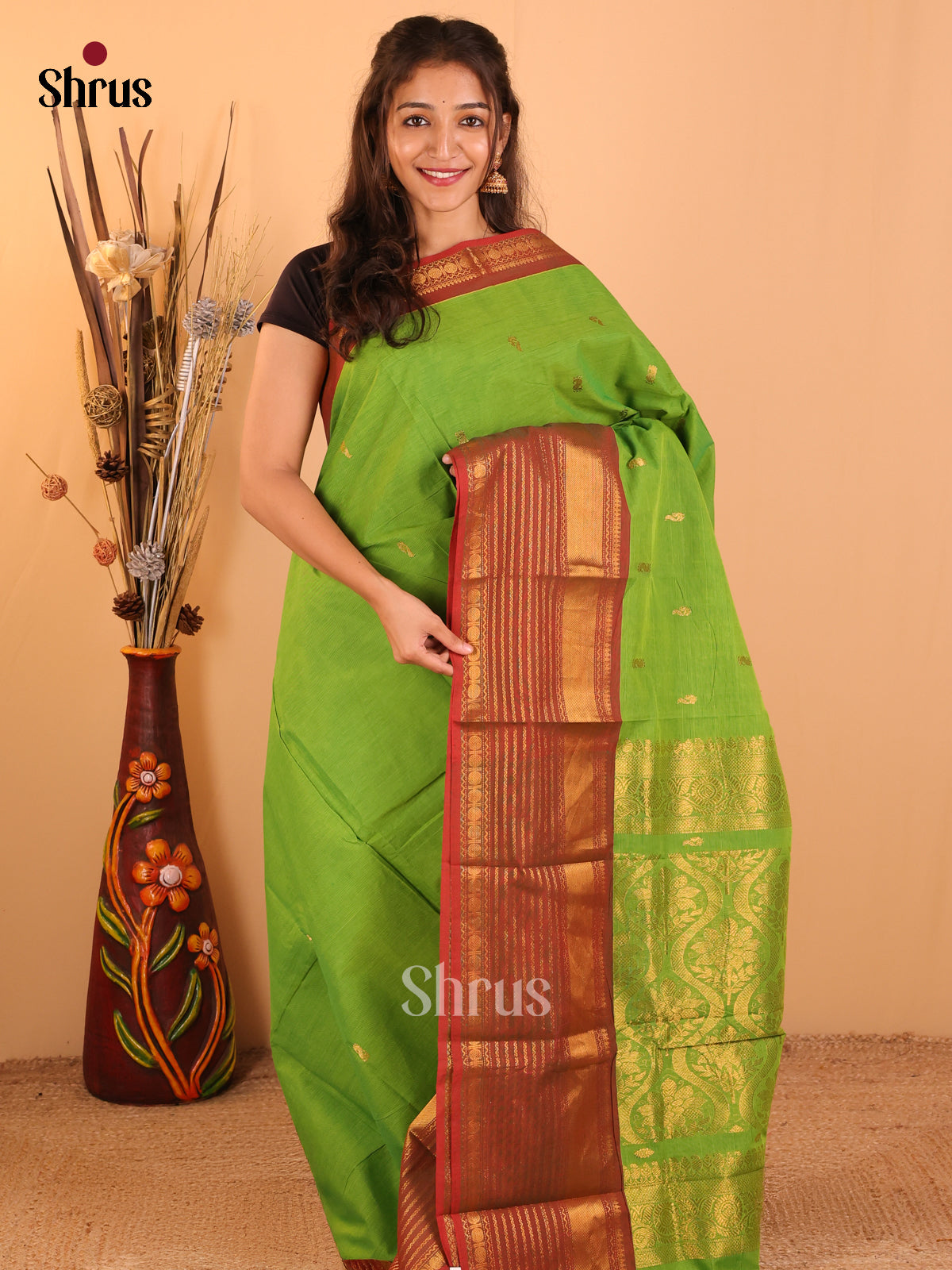 Parrot green with Red - Chettinad saree-DDS05062 - Shop on Shrus.com