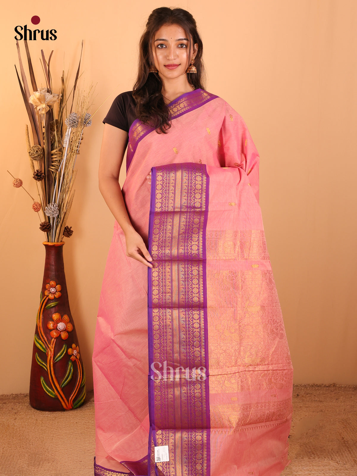 Peach with Purple - Chettinad saree-DDS05063 - Shop on Shrus.com