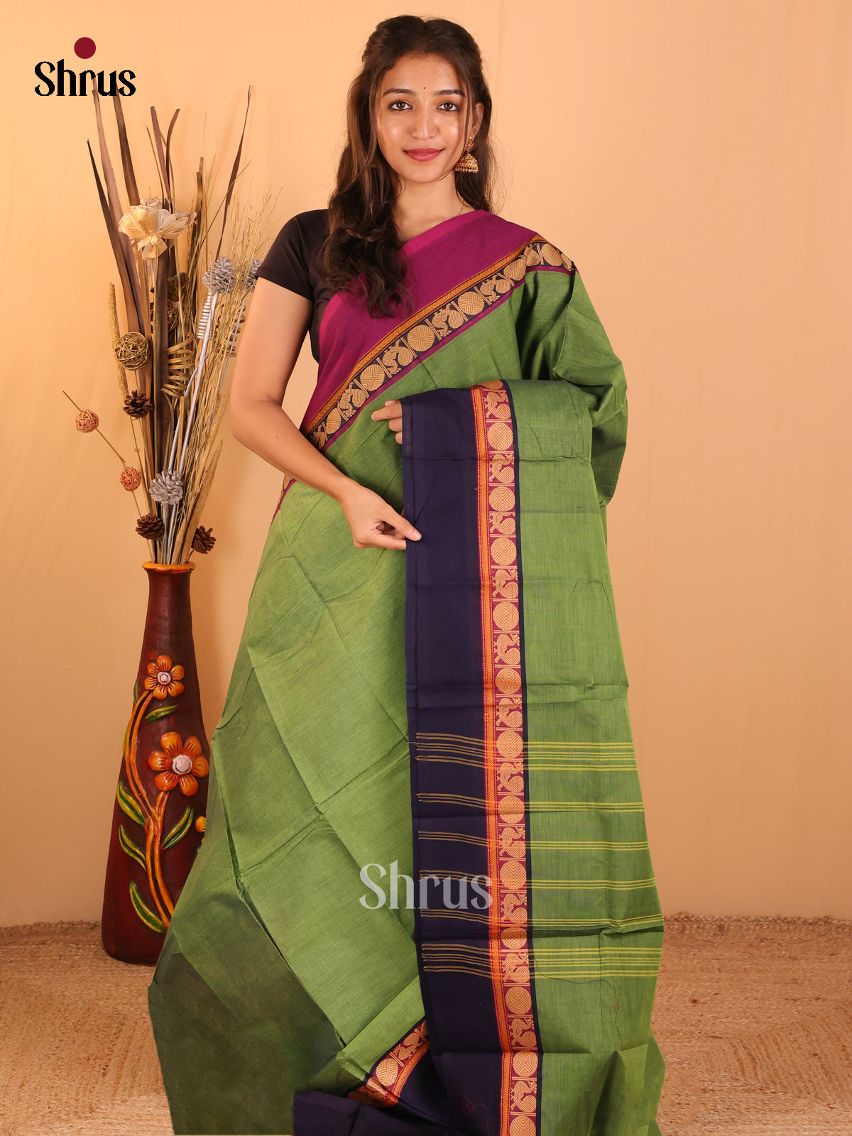 Olive green with Navy blue & Pink-Chettinad saree -DDS05070 - Shop on Shrus.com