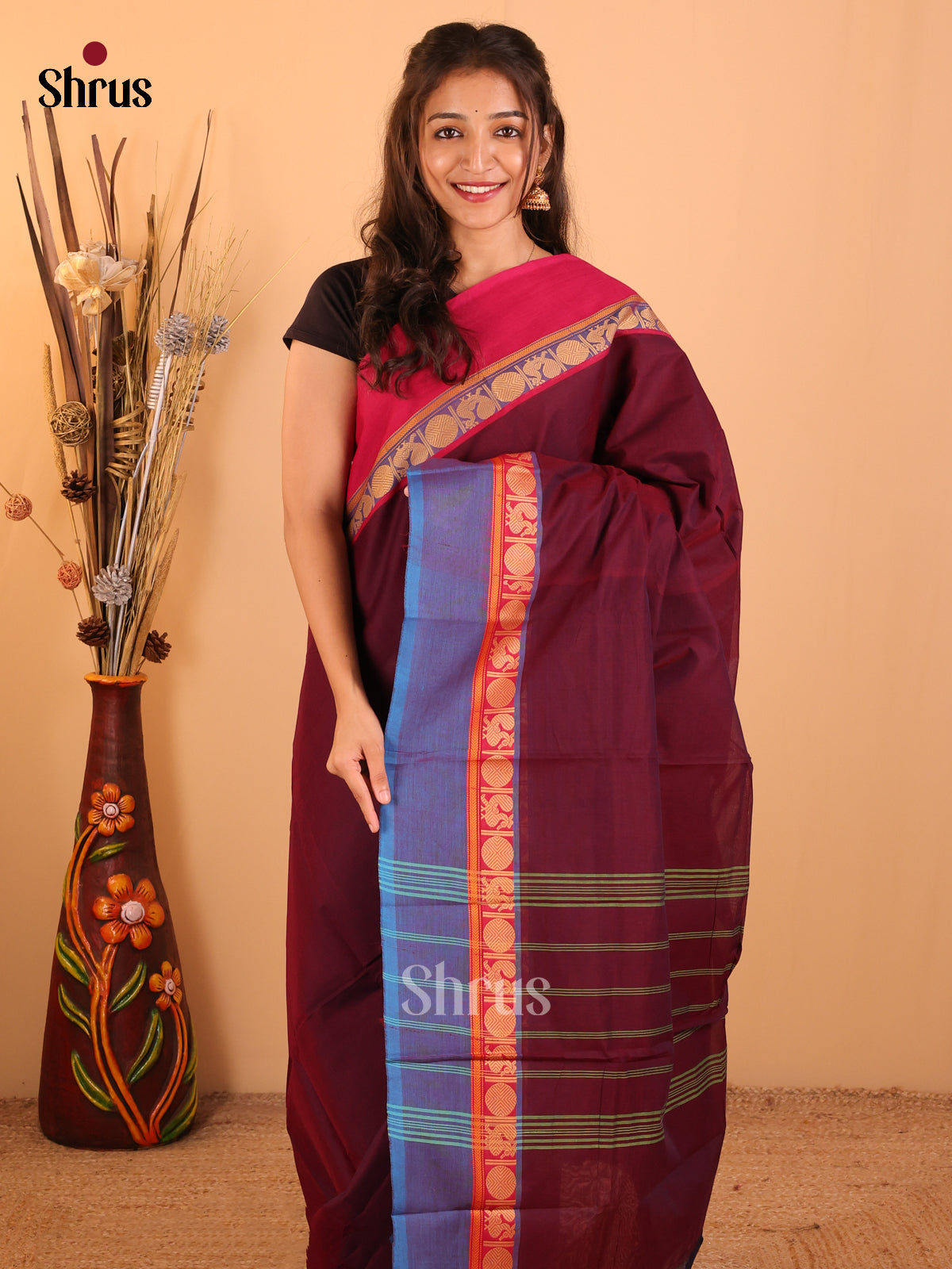 Dark Maroon with pink & Blue-Chettinad saree -DDS05071 - Shop on Shrus.com
