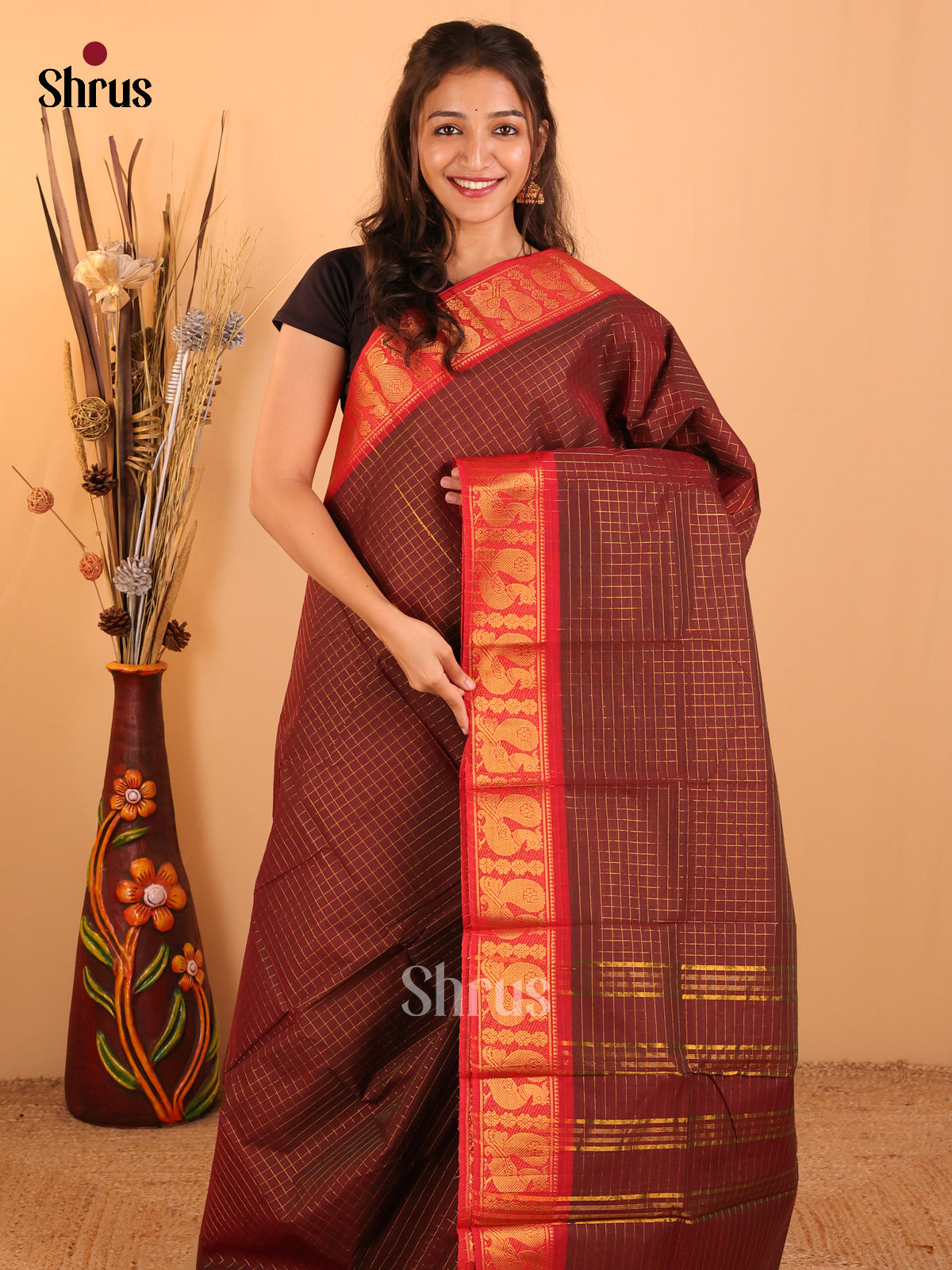 Brown with red-Chettinad saree -DDS05117 - Shop on Shrus.com