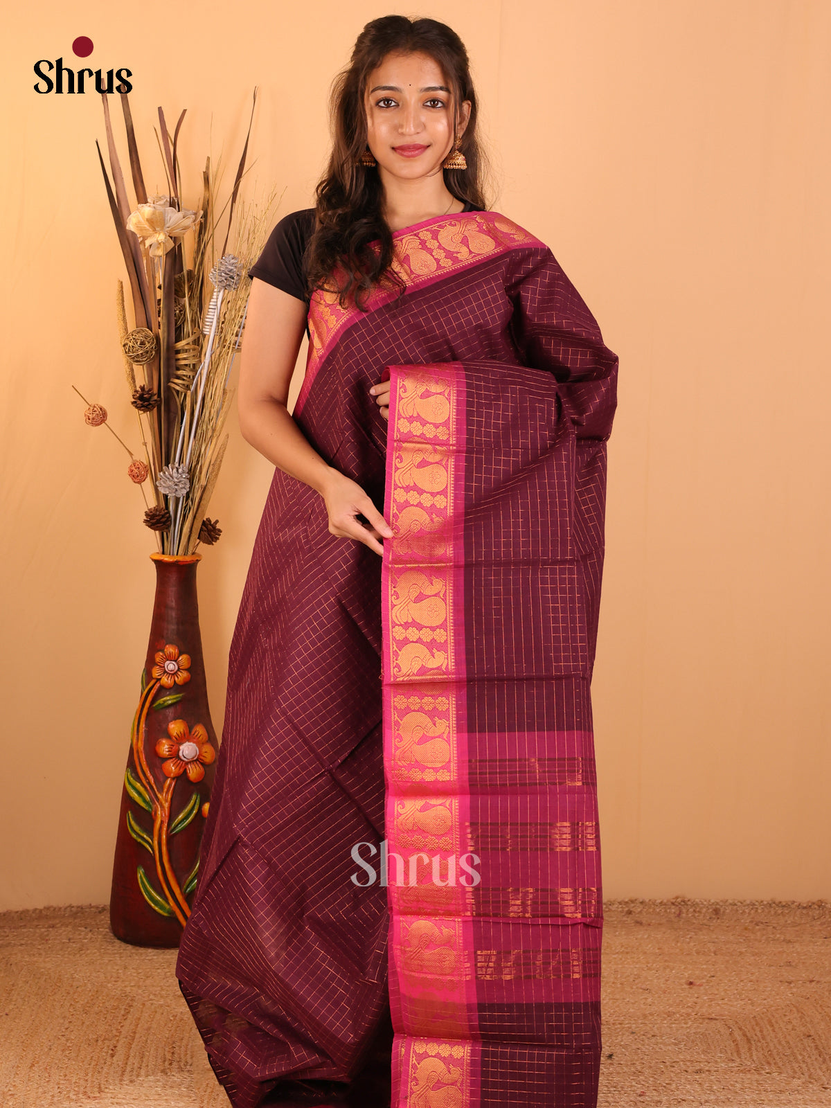 Brown with pink-Chettinad saree -DDS05119 - Shop on Shrus.com