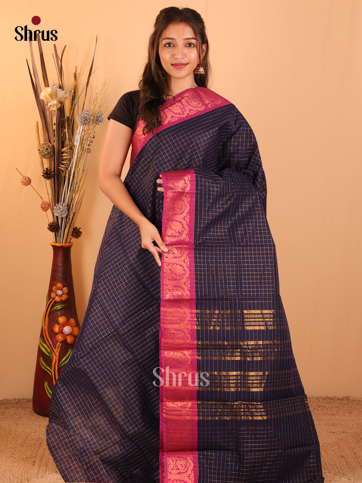 Navy Blue with pink-Chettinad saree -DDS05125 - Shop on Shrus.com