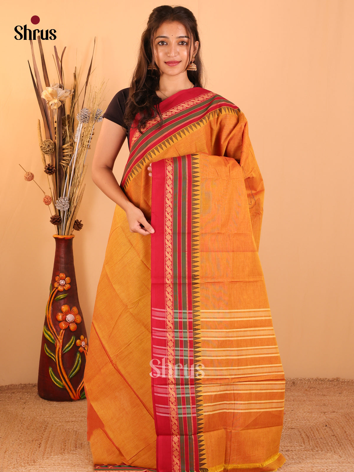 Mustard yellow with red-Chettinad saree -DDS05134 - Shop on Shrus.com
