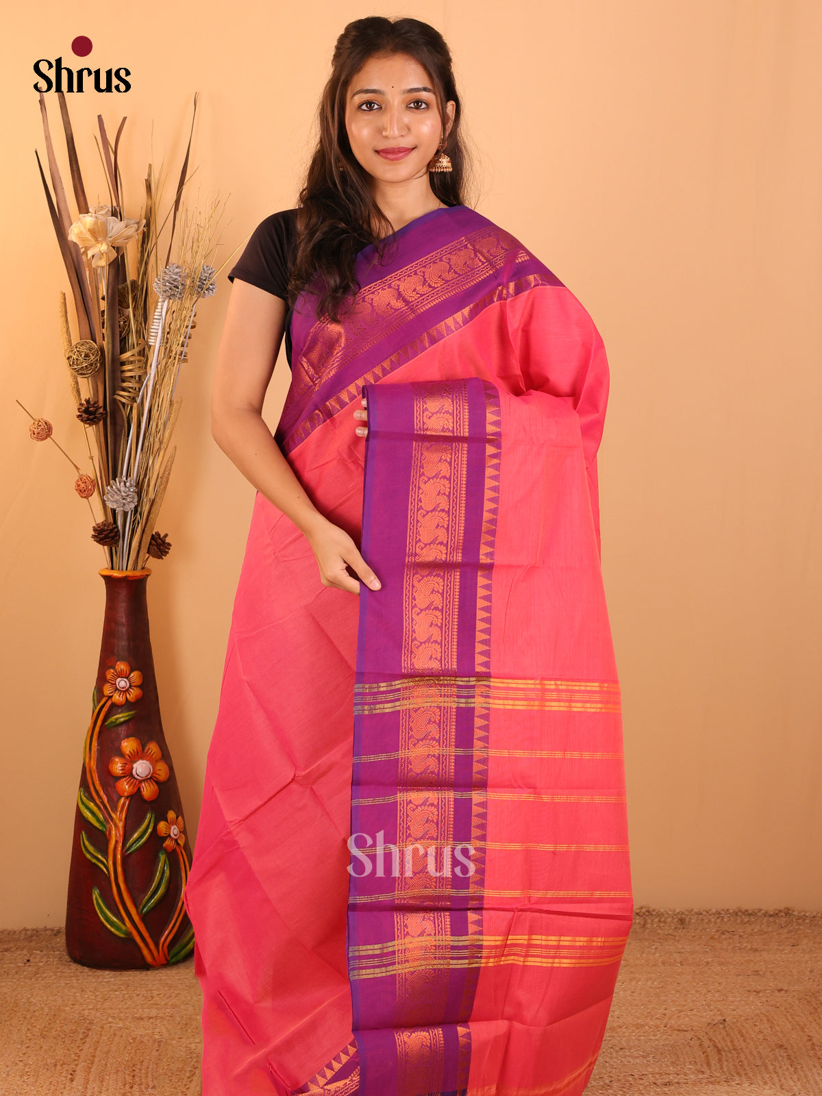 Peach pink with Purple-Chettinad saree -DDS05140 - Shop on Shrus.com
