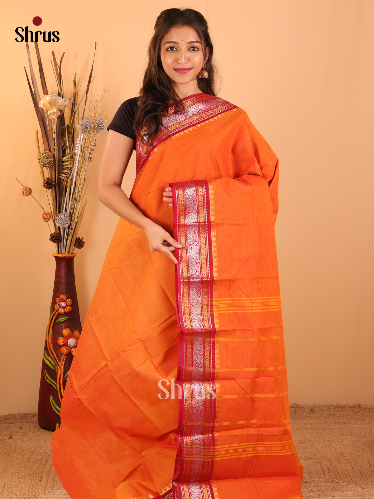 Orange with Red-Chettinad saree -DDS05156 - Shop on Shrus.com