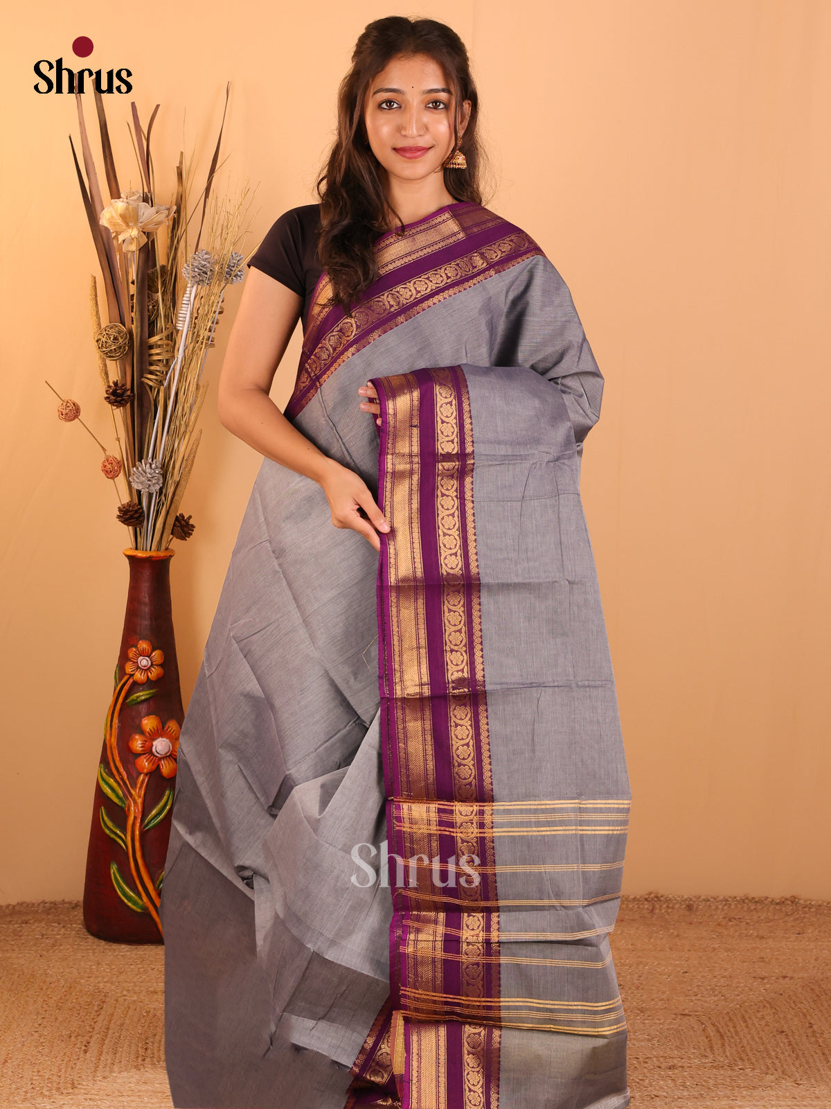 Grey with Purple-Chettinad saree -DDS05162 - Shop on Shrus.com