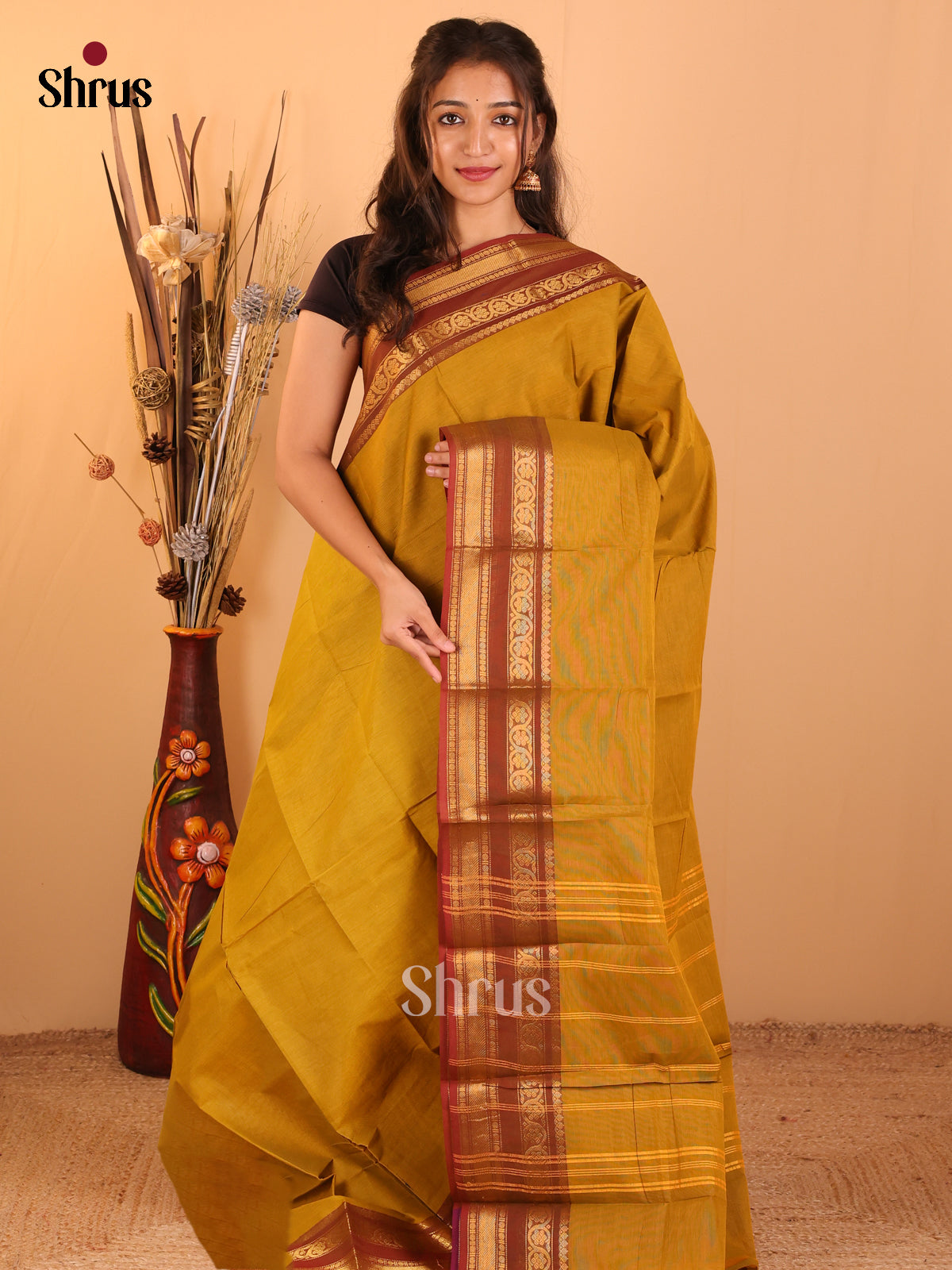 Mustard wity Green-Chettinad saree -DDS05166 - Shop on Shrus.com