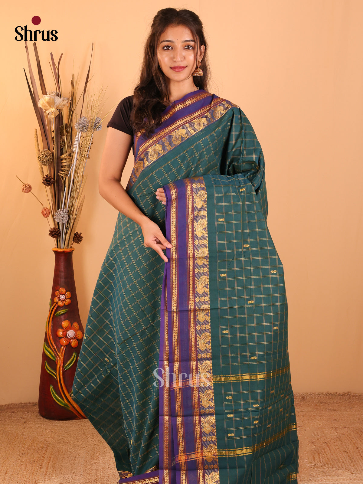 Dark green with Blue - Chettinad saree-DDS05170 - Shop on Shrus.com