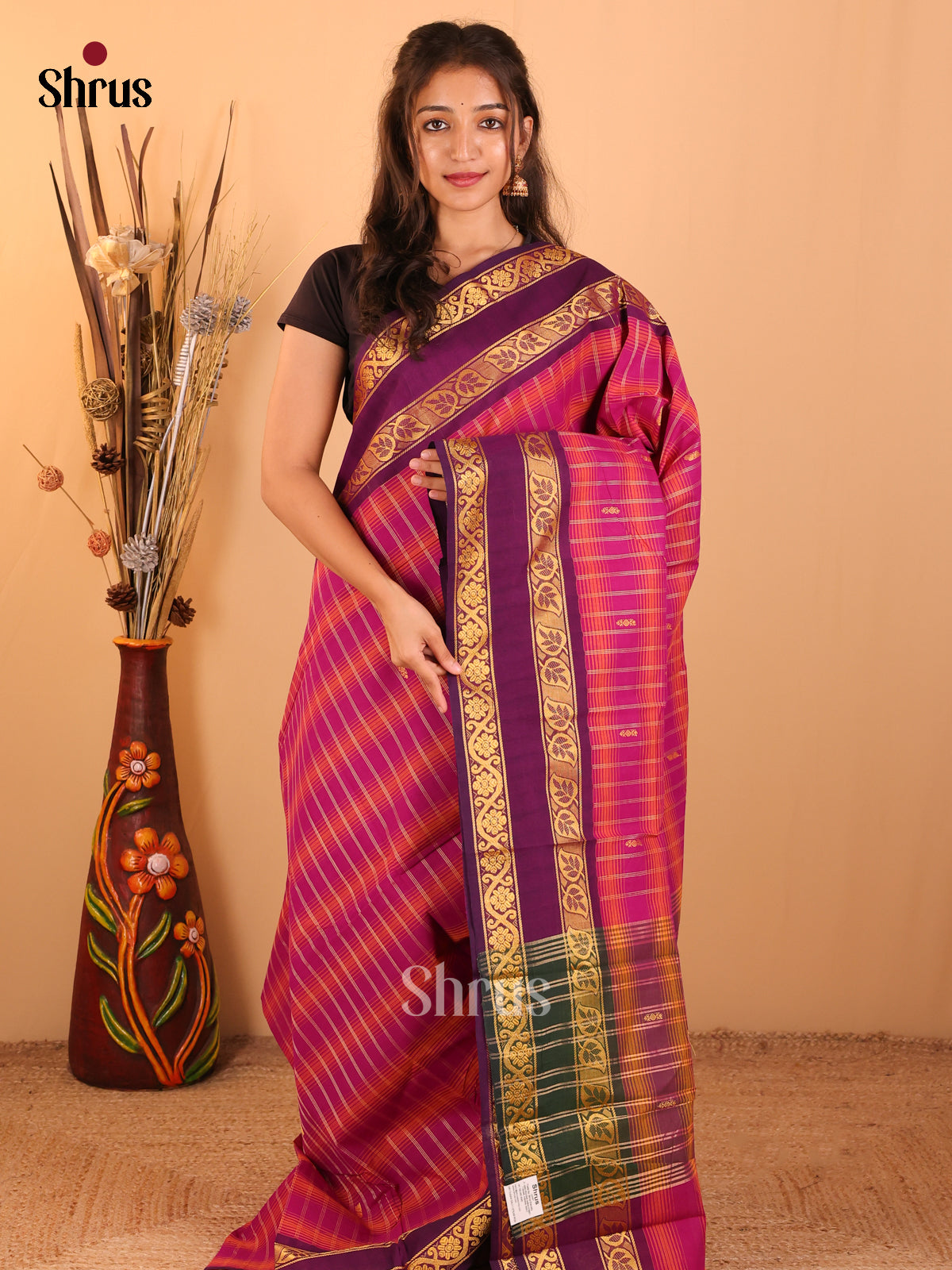 Orange with pink - Chettinad saree-DDS05171 - Shop on Shrus.com
