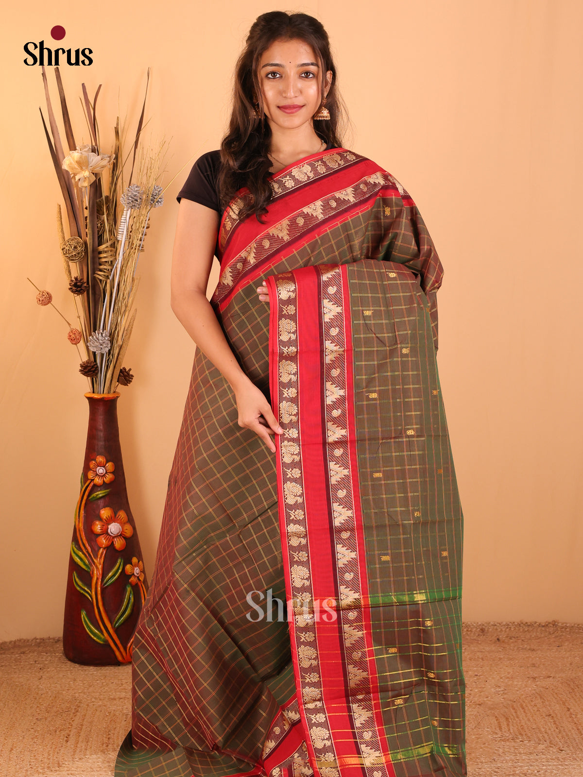 Olive Green with red - Chettinad saree-DDS05172 - Shop on Shrus.com