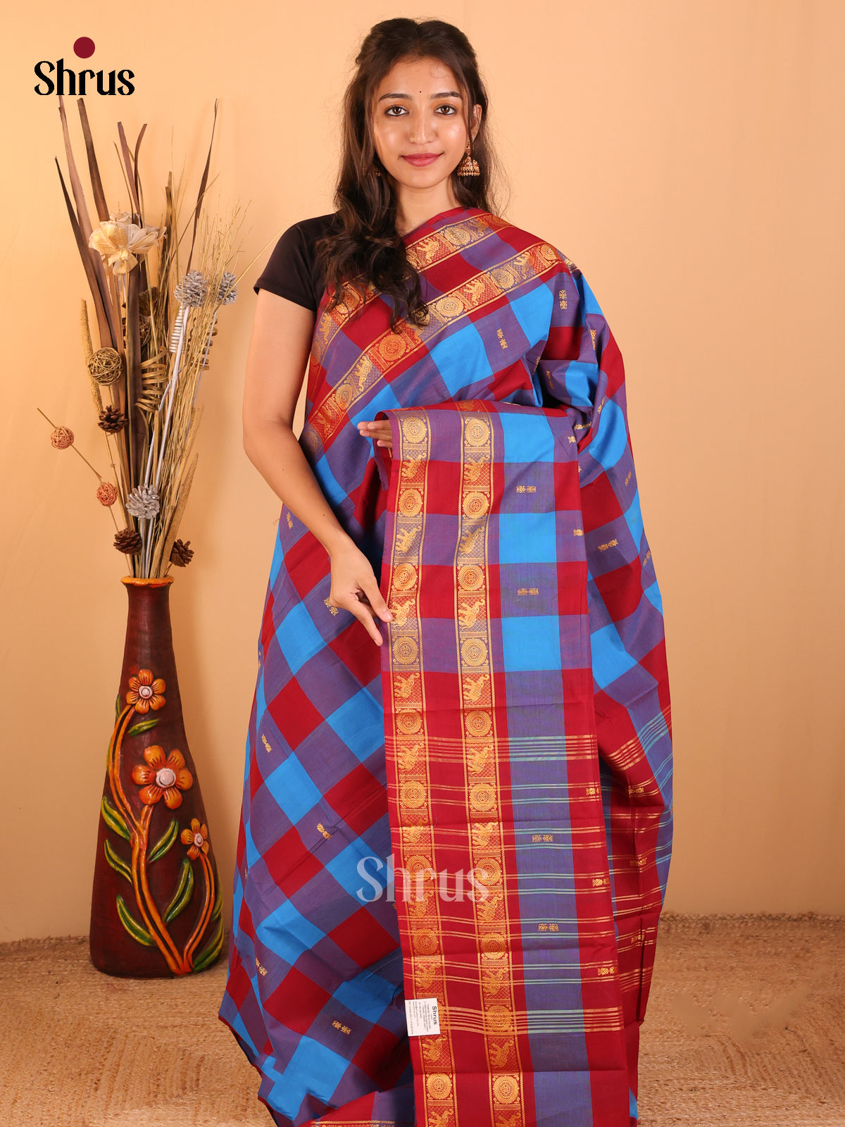 Maroon with Blue - Chettinad saree-DDS05173 - Shop on Shrus.com