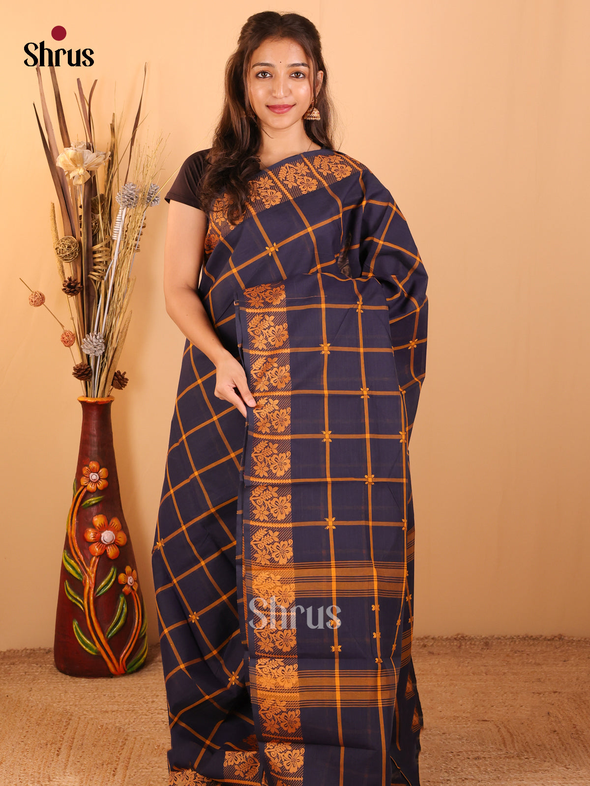 Navy Blue with Orange-Chettinad saree -DDS05177 - Shop on Shrus.com