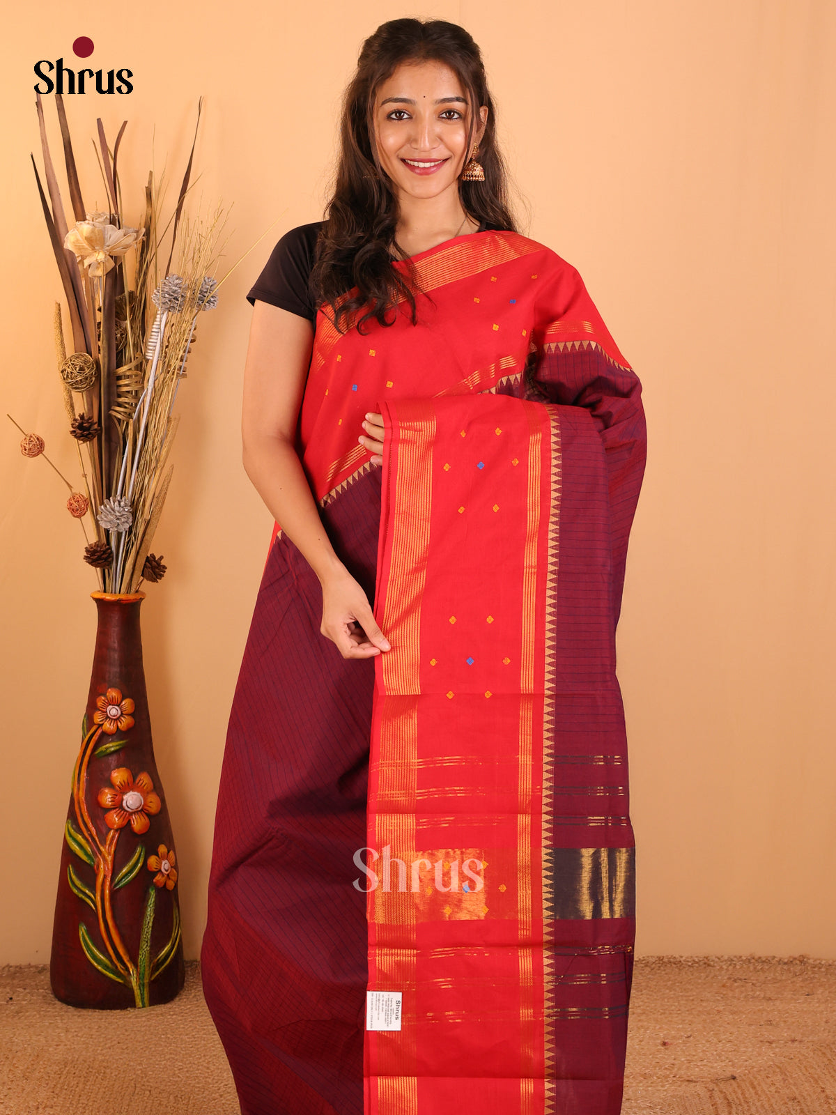 Maroon with red-Chettinad saree -DDS05180 - Shop on Shrus.com