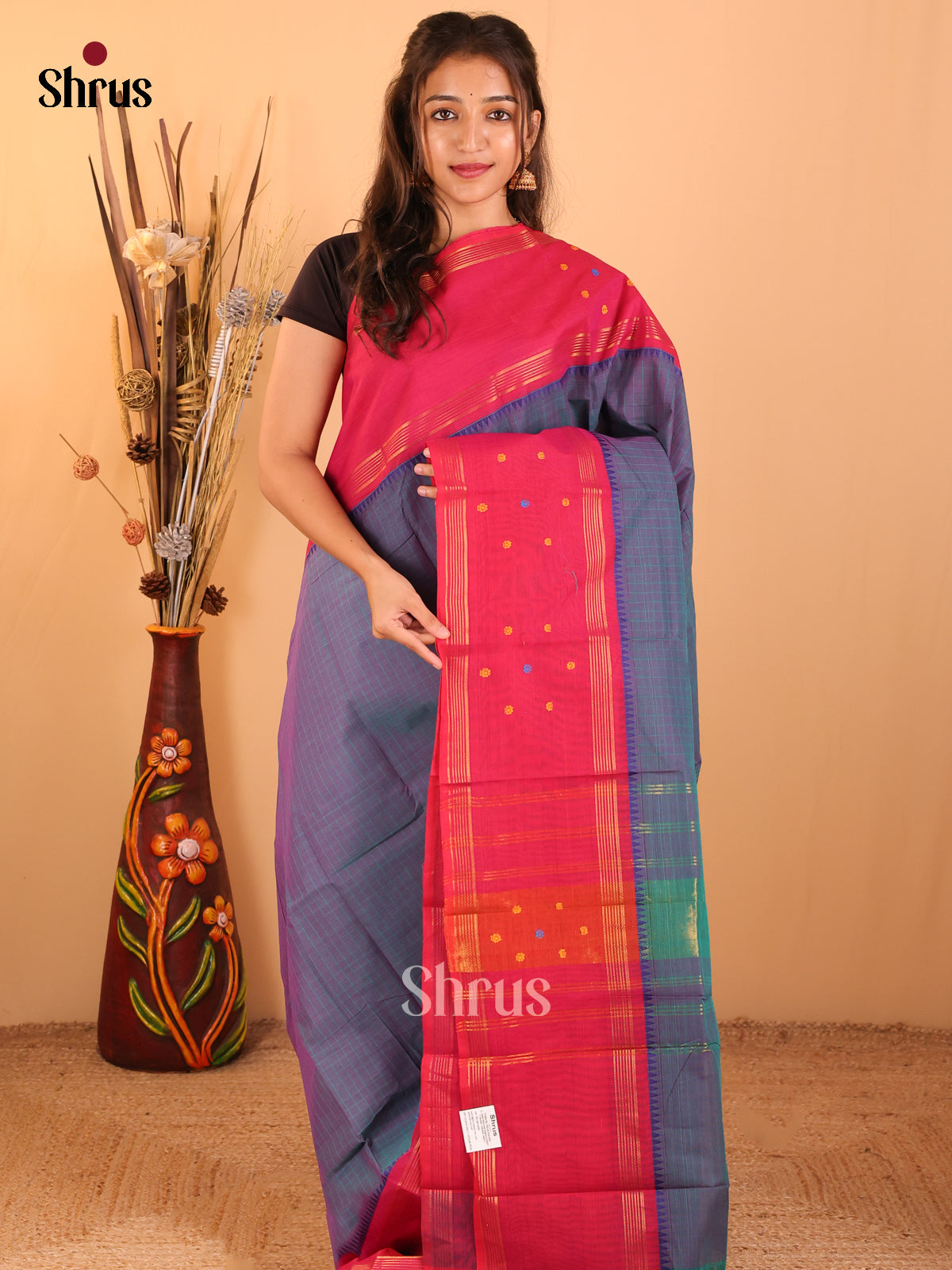 Peacock blue with pink-Chettinad saree -DDS05181 - Shop on Shrus.com
