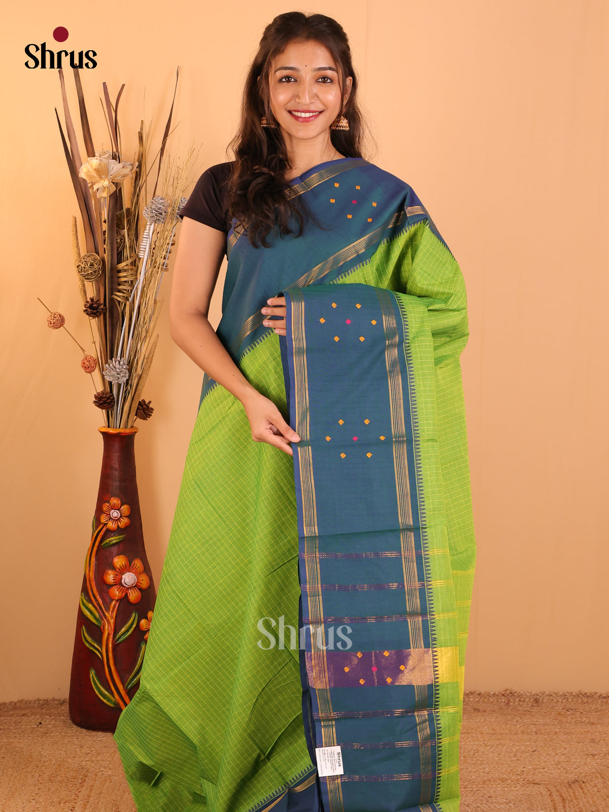 Parrot Green with Peacock blue-Chettinad saree -DDS05184 - Shop on Shrus.com