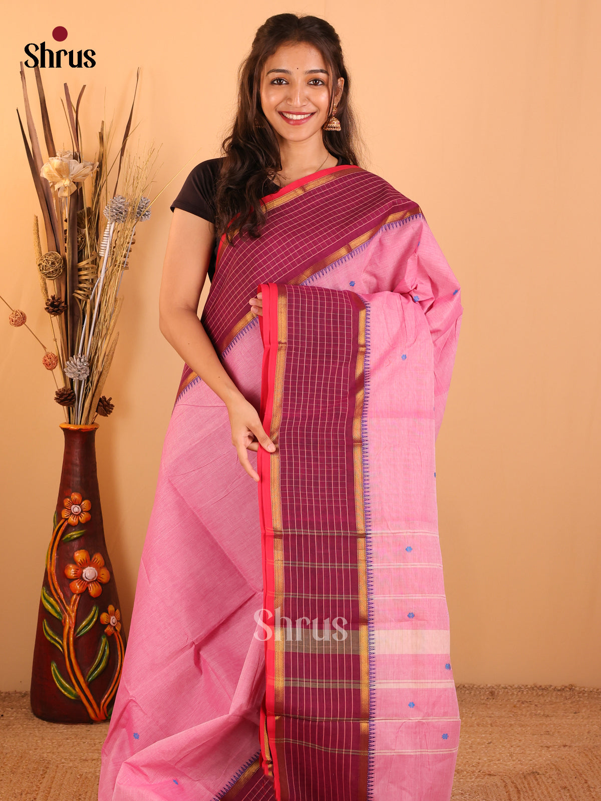 Onion pink with Maroon - Chettinad saree-DDS05195 - Shop on Shrus.com