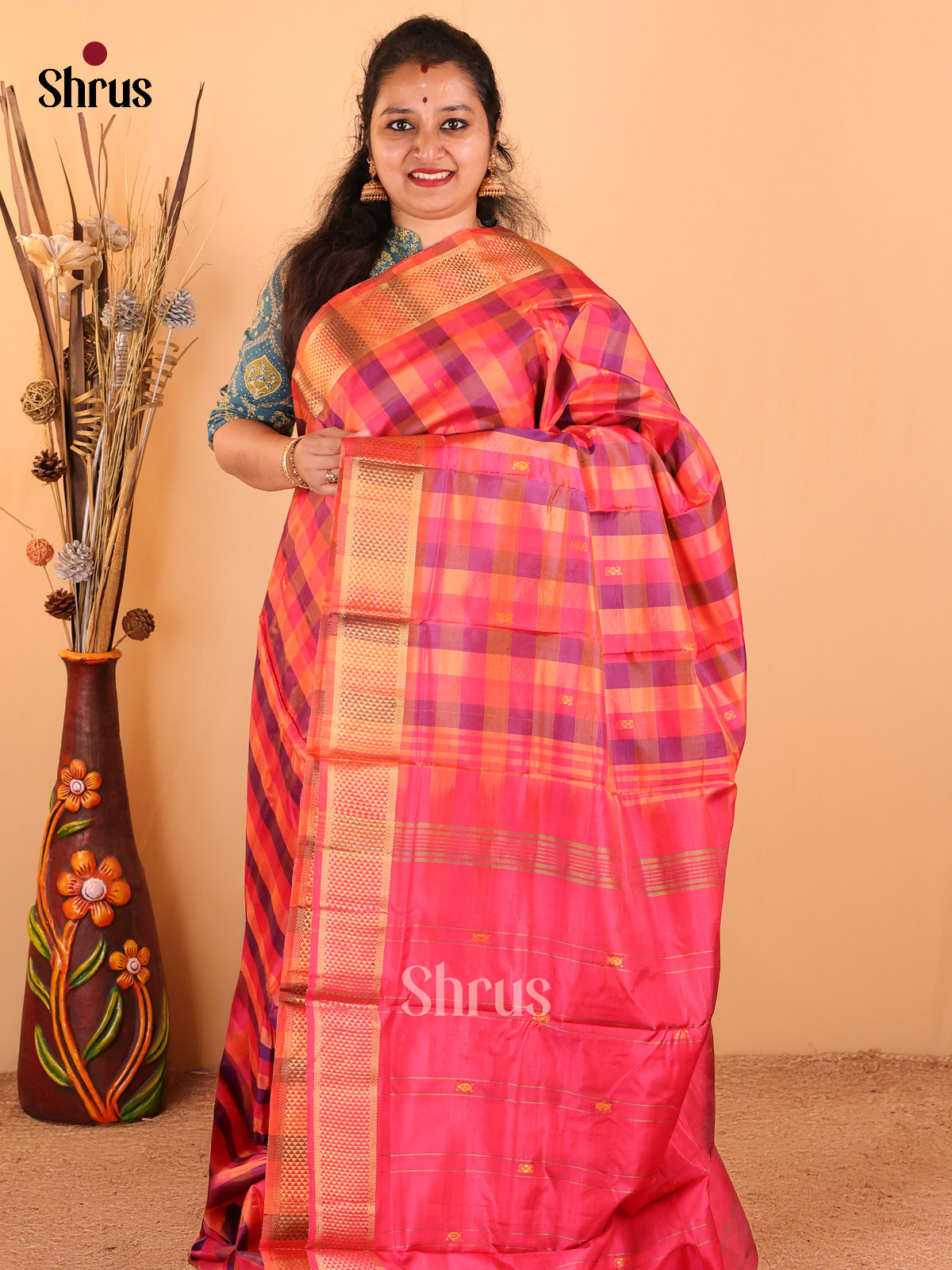 Orange & Purple - Banana Pith Saree - Shop on Shrus.com