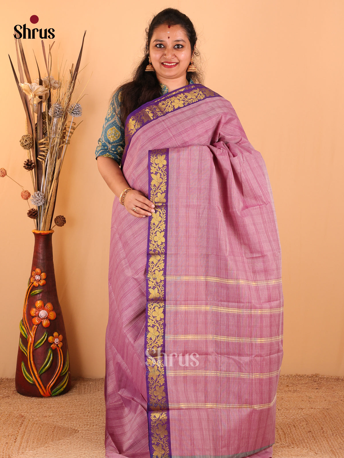 Dark onion pink with Violet - South Cotton Saree - DDS09003 - Shop on Shrus.com