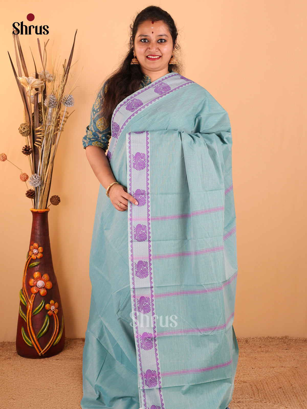 Pastel Green with Violet - South Cotton Saree - DDS09005 - Shop on Shrus.com
