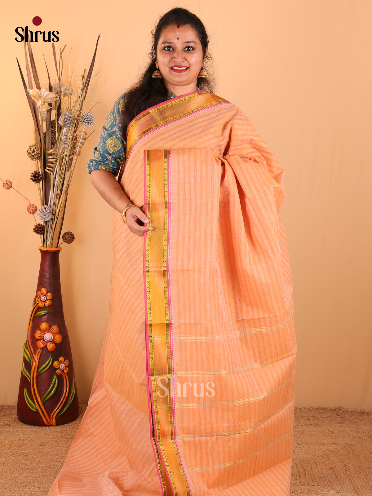 Orange with Pink - South Cotton Saree - DDS09061 - Shop on Shrus.com