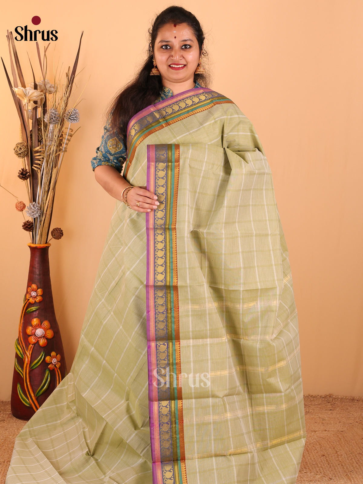Pastel green with Violet - South Cotton Saree - DDS09072 - Shop on Shrus.com