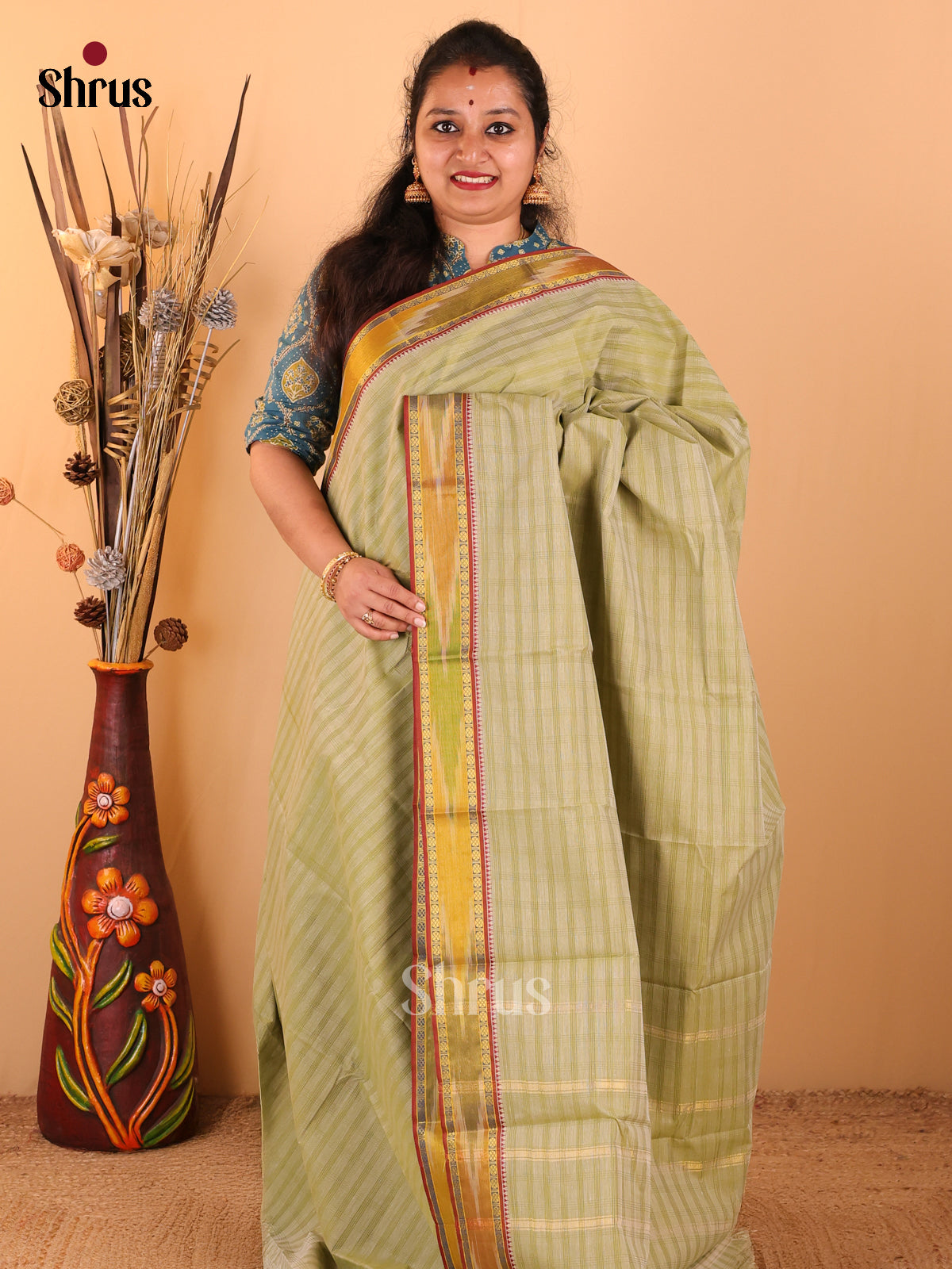 Pastel Green with Maroon - South Cotton Saree - DDS09075 - Shop on Shrus.com