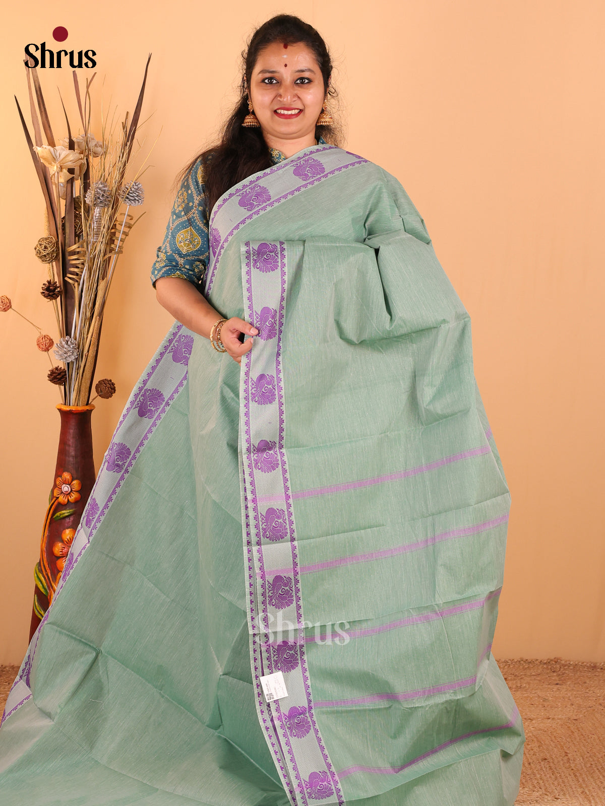 Pastel Green with Violet - South Cotton saree - DDS09080 - Shop on Shrus.com