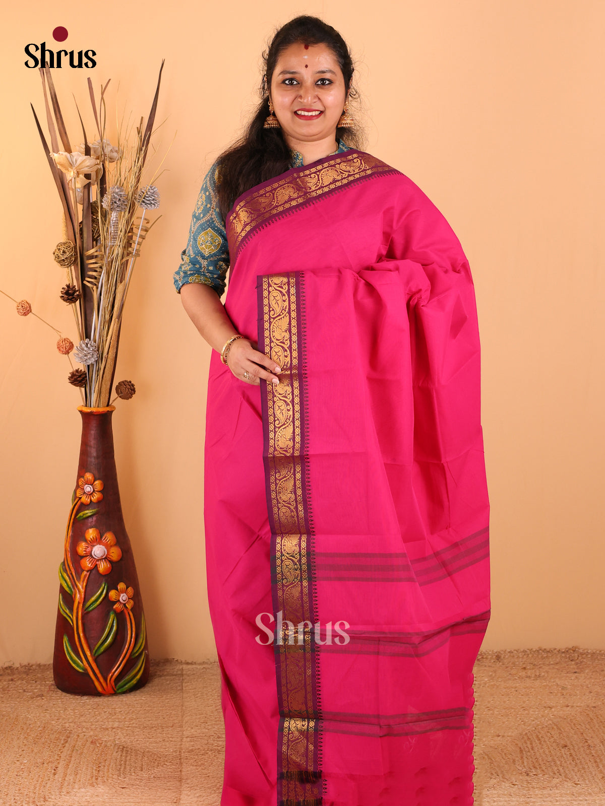 Rani pink with Purple - Chettinad Cotton saree - DDS09082 - Shop on Shrus.com