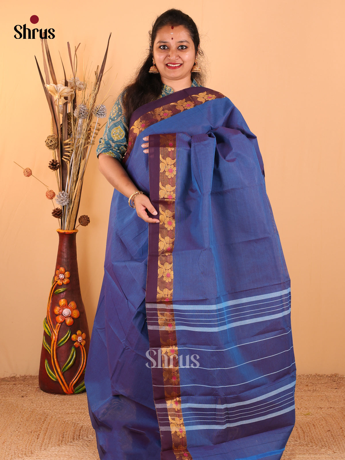 Peacock blue with Navy Blue - Chettinad Cotton saree - DDS09083 - Shop on Shrus.com